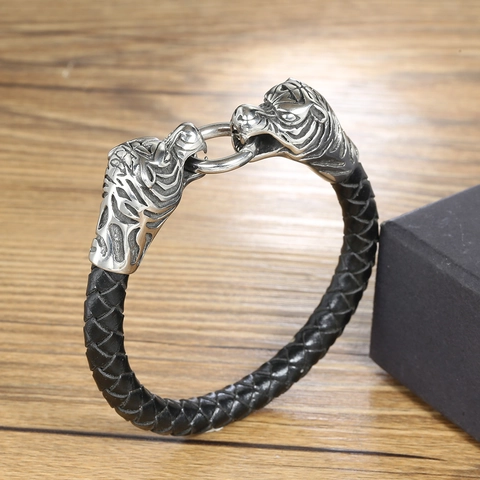 Herren Vintage Edelstahl Tigerkopf Geflochtenes Seil Armband Punk Stil Retro Handschmuck Geschenk Für Jungen Schwarz Silber