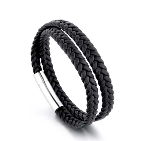Bracciale da Uomo Vintage in Pelle Intrecciata Multistrato Con Chiusura Magnetica in Acciaio Inossidabile Cordino Nero Gioielli