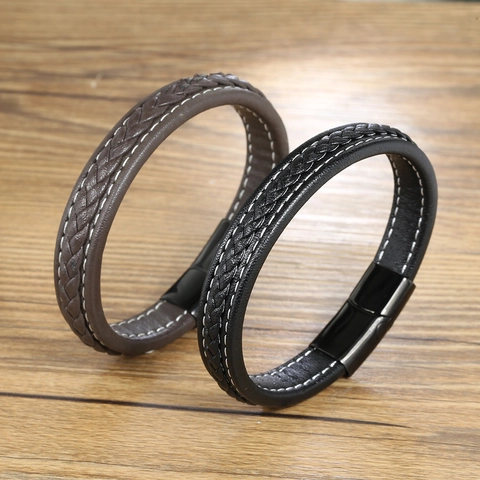 Braided Leather Bracelet Stainless Steel Magnetic Clasp Woven Hand Strap For Men Women Casual Fashion Geometric Jewelry