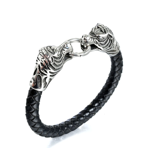 Herren Vintage Edelstahl Tigerkopf Geflochtenes Seil Armband Punk Stil Retro Handschmuck Geschenk Für Jungen Schwarz Silber