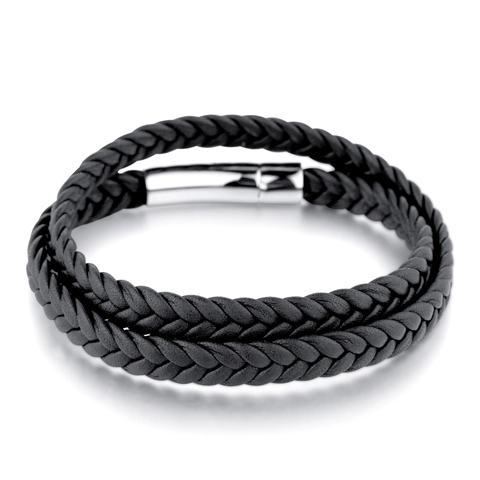 Bracciale da Uomo Vintage in Pelle Intrecciata Multistrato Con Chiusura Magnetica in Acciaio Inossidabile Cordino Nero Gioielli
