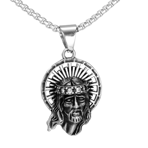 Vintage Jezus Portret Hanger Halsketting Roestvrij Staal Religieuze Christushoofd Stralend Licht Medaillon Retro Hip Hop Sieraden