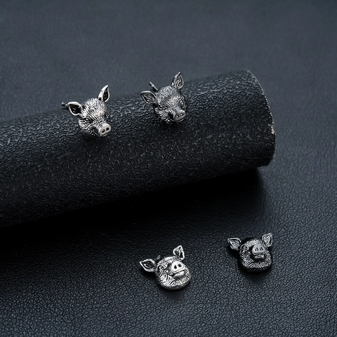 Realistic Pig Head Copper Stud Earrings Zodiac Animal Clip On Earrings Retro Punk Jewelry For Men Women Unisex Gift Pair