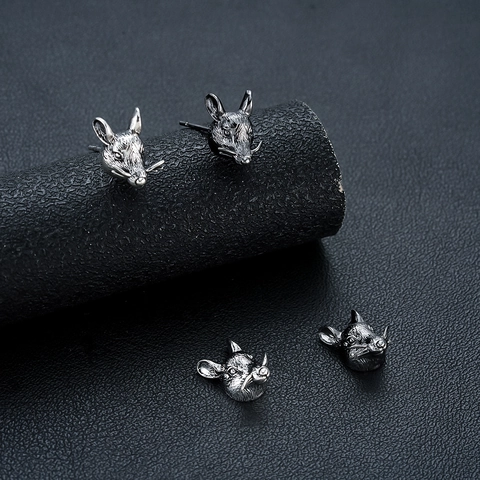 Pendientes de Botón con Cabeza de Rata del Zodiaco Chino en Cobre Animal Ratón Retro Unisex Joyería de Moda Regalo