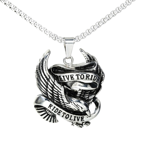Collana con Ciondolo Aquila in Acciaio Inossidabile Vintage per Uomo Biker Live To Ride Slogan Gioielli Punk Bicolore Aquila Alata