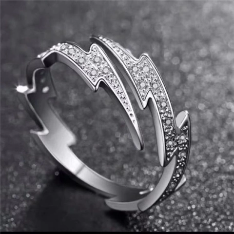 Hip Hop Silver Color Lightning Open Adjustable Ring For Men Women Personalized Alloy Rhinestone Geometric Finger Ring Trendy Jewelry