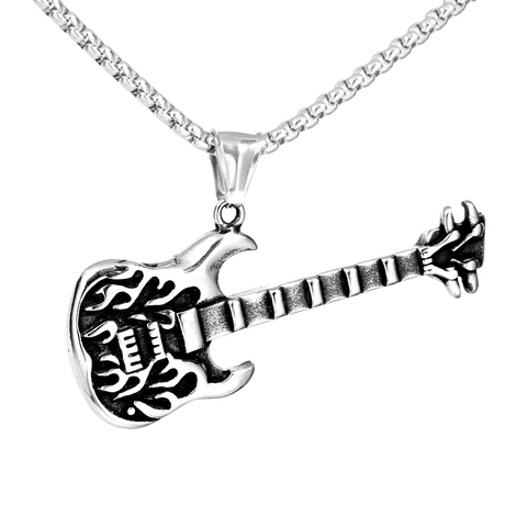 Stainless Steel Electric Guitar Pendant Only Without Chain For Men Punk Rock Hip Hop Flame Pattern Musical Instrument Jewelry