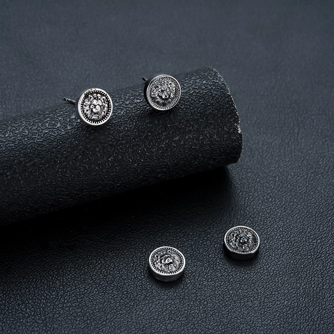 Pendientes de Botón de Cobre Vintage Cabeza de León para Hombre Mujer Punk Retro Redondo Relieve Galvanizado Joyería