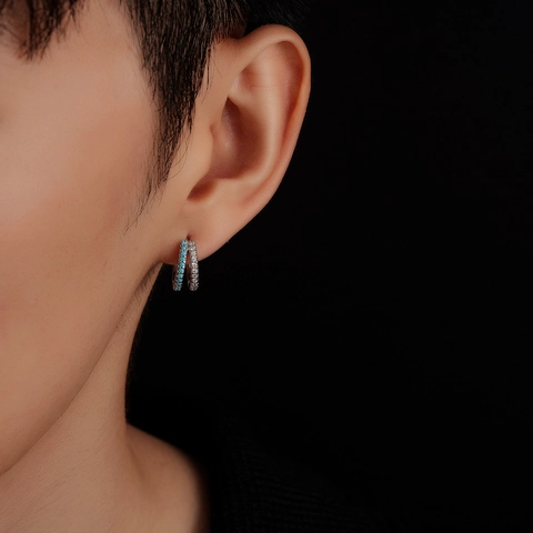 Double Layer Colorful Rhinestone Hoop Earrings For Men Women Copper Jewelry With Stainless Steel Post Fashion Huggie Earrings