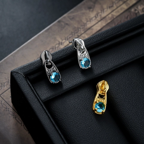 Creative Zipper Puller Stud Earrings Copper Unisex Blue Rhinestone Inlaid Fashion Jewelry For Men Women Industrial Style Earrings
