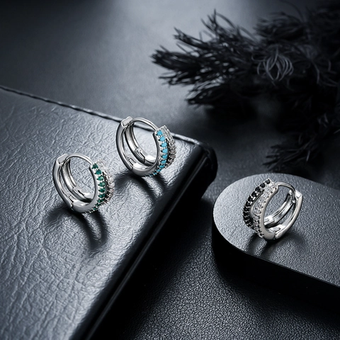 Double Layer Colorful Rhinestone Hoop Earrings For Men Women Copper Jewelry With Stainless Steel Post Fashion Huggie Earrings