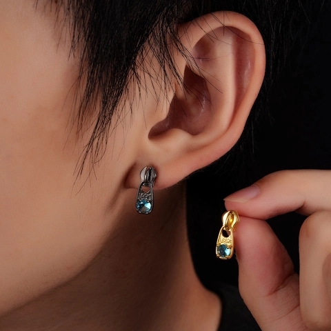 Creative Zipper Puller Stud Earrings Copper Unisex Blue Rhinestone Inlaid Fashion Jewelry For Men Women Industrial Style Earrings