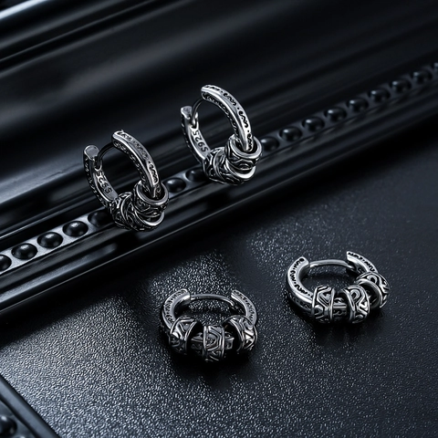 Vintage Copper Hoop Earrings For Men Women Engraved Scroll Pattern Retro Silver Black Punk Gothic Style Jewelry Ear Buckle