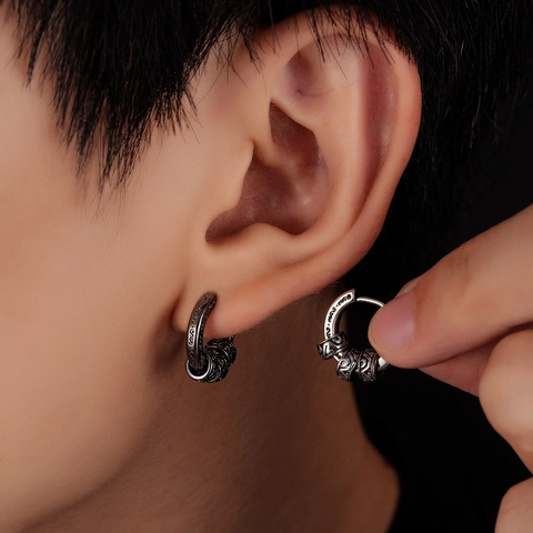 Vintage Arabeskenmuster Kupfer Hoop Ohrringe Für Damen Herren Retro Punk Gothik Stil Geschnitzter Silber Schwarz Ohrschmuck