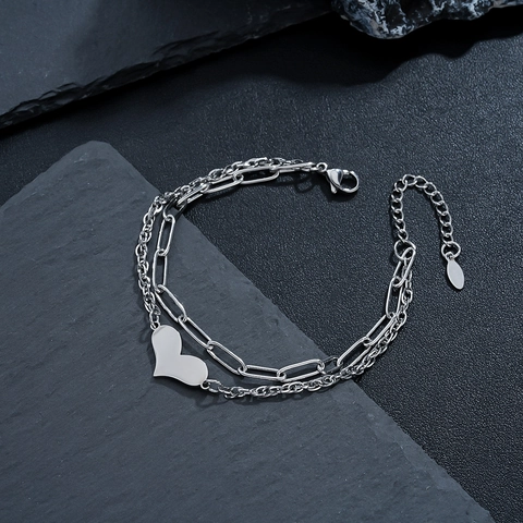 Dubbellaagse Titanium Staal Hart Hanger Paperclip Ketting Armband Voor Dames Heren Minimalistische Zilverkleurige Sieraden Accessoire