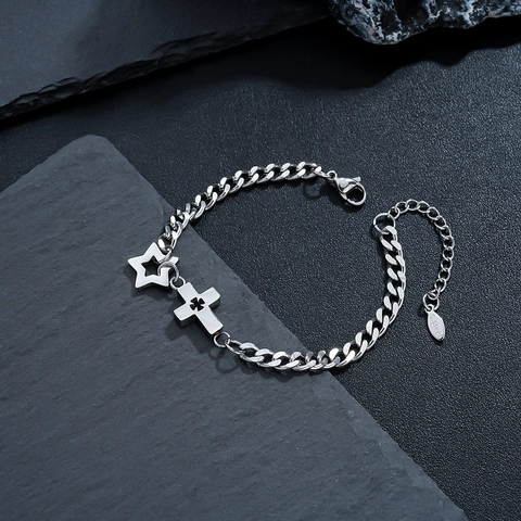 Trendy Titanium Steel Cross Star Charm Bracelet For Men Women Silver Color Curb Chain Adjustable Fashion Jewelry Hand Accessory