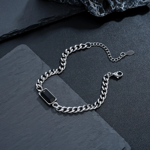 Pulsera Unisex de Acero Inoxidable con Eslabón Cubano Minimalista con Incrustación de Piedra Negra Rectangular Joyería de Moda Cadena Ajustable