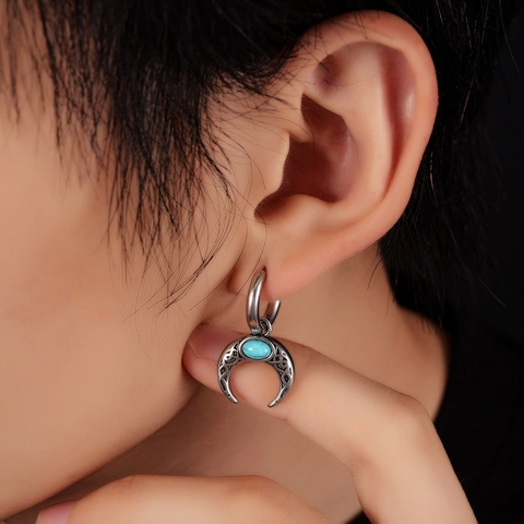 Vintage Titanium Staal Maan Oorbellen Boheems Keltische Knoop Turkoois Opaal Ingelegde Etnische Sieraden Voor Dames Heren