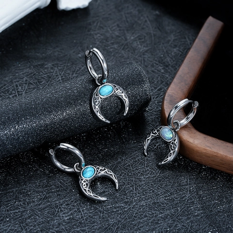 Vintage Titanium Staal Maan Oorbellen Boheems Keltische Knoop Turkoois Opaal Ingelegde Etnische Sieraden Voor Dames Heren