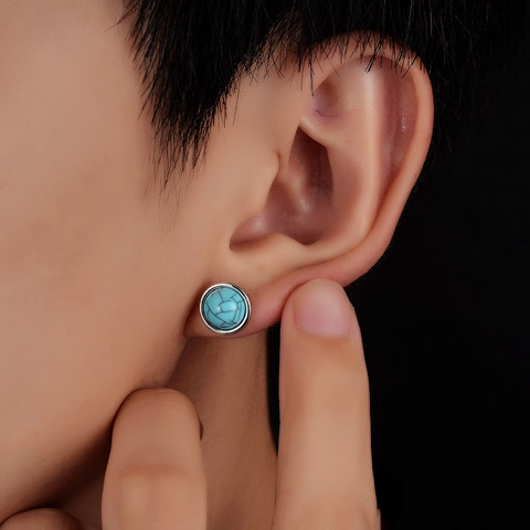 Vintage Square Round Turquoise Stud Earrings For Men Women Copper Stainless Steel Post Minimalist Geometric Jewelry Gift