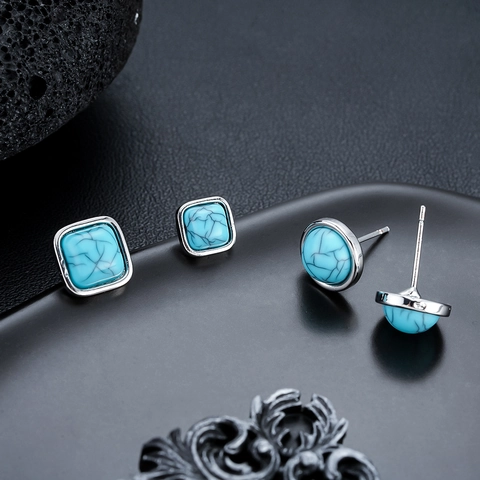 Vintage Square Round Turquoise Stud Earrings For Men Women Copper Stainless Steel Post Minimalist Geometric Jewelry Gift