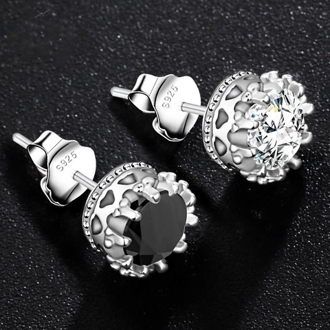 Men's Hip Hop Minimalist Crown Stud Earrings Copper With 925 Sterling Silver Earring Post Black White Rhinestone Jewelry