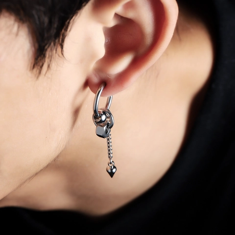 Titanium Steel Cone Long Chain Drop Earrings Punk Geometric Nut Spike Ear Clips Vintage Unisex Jewelry No Fading Earrings