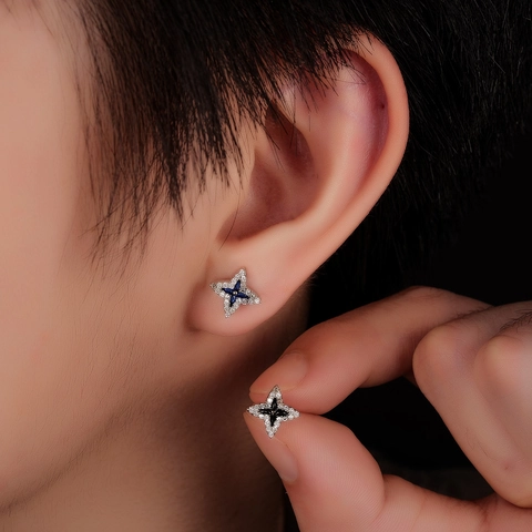 Orecchini a Bottone a Stella in Rame alla Moda per Donna Uomo Placcato Argento Strass Pavé Smalto Trifoglio Fiore Gioielli