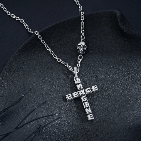 Collana con Ciondolo a Croce in Lega d'Argento Gothic Punk Con Teschio Imagine Peace Lettera Uomo Donna Gioielli