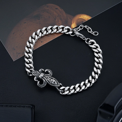 Bracciale a Catena Curb in Acciaio al Titanio Vintage con Giglio per Uomo Donna Gotico Hip Hop Argento Invecchiato Gioielli Punk