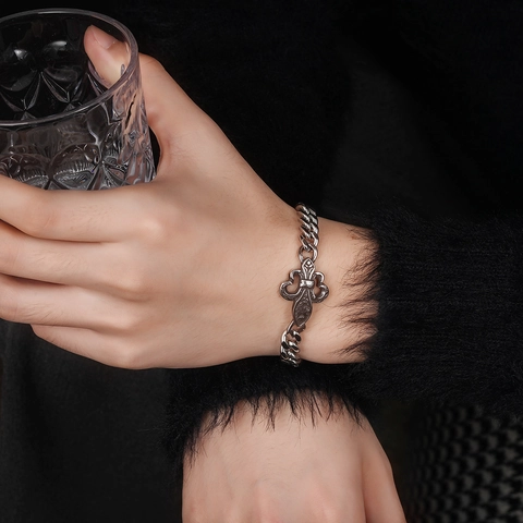 Bracciale a Catena Curb in Acciaio al Titanio Vintage con Giglio per Uomo Donna Gotico Hip Hop Argento Invecchiato Gioielli Punk