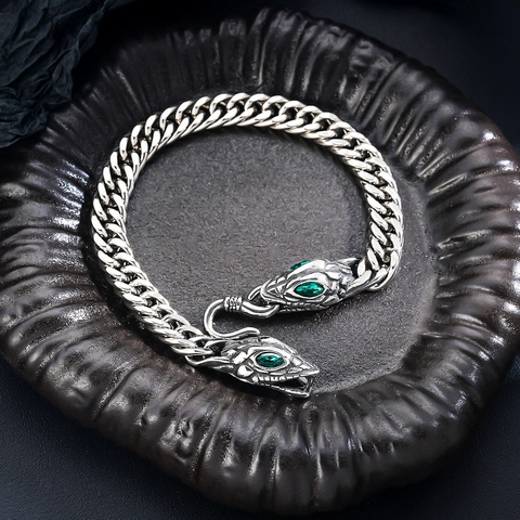 Herren Retro Titanstahl Doppel Schlangenkopf Armband Gothic Panzerkette Schmuck Mit Grünen Strass Augen Silber Schwarz
