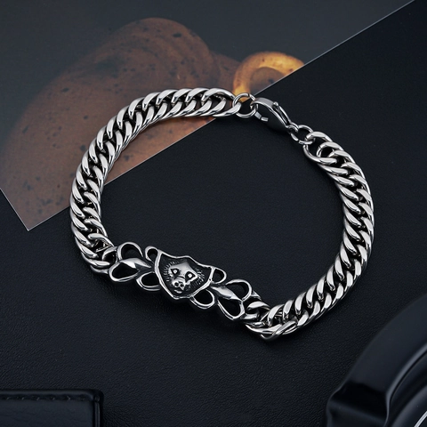 Vintage Leeuwenkop Schild Armband Voor Heren Titanium Staal Punk Gothic Curb Ketting Retro Zilver Dier Patroon Sieraden