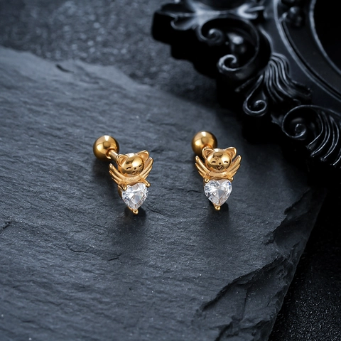 Titanium Steel Angel Bear Stud Earring With Heart Rhinestone Inlaid Fashion Cartilage Jewelry For Men Women Ear Bone Nail