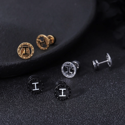 Stainless Steel Round Letter H Stud Earrings Light Luxury Fashion Unisex Jewelry Gold Silver Black Piercing Studs
