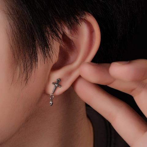 Gothic Punk Titanium Steel Sword Stud Earring For Men Women Retro Dagger Shape Ear Jewelry With Rhinestone Inlay Polished Finish