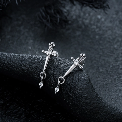 Gothic Punk Titanium Steel Sword Stud Earring For Men Women Retro Dagger Shape Ear Jewelry With Rhinestone Inlay Polished Finish