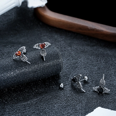 Gothic Titanium Steel Heart Wing Stud Earrings With Stainless Steel Post Punk Skeleton Hand Rhinestone Piercing Ear Jewelry