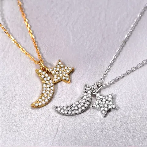 925 Sterlingsilber Stern Mond Anhänger Halskette Damen Gold Silber Galvanisiert Mikro Strass Schlüsselbein Kette Modeschmuck Geschenk