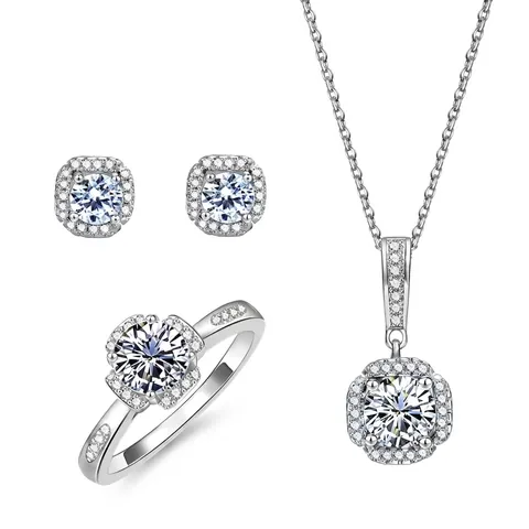 925 Sterlingsilber Moissanit Zirkonia Halskette Ring Ohrringe Schmuckkollektion Damen Luxus Halo Rundschliff Jubiläumsgeschenk