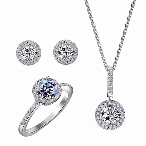 925 Sterling Silver Moissanite Zirconia Jewelry Set Round Halo Pendant Necklace Earrings Ring For Women Commuter Accessory