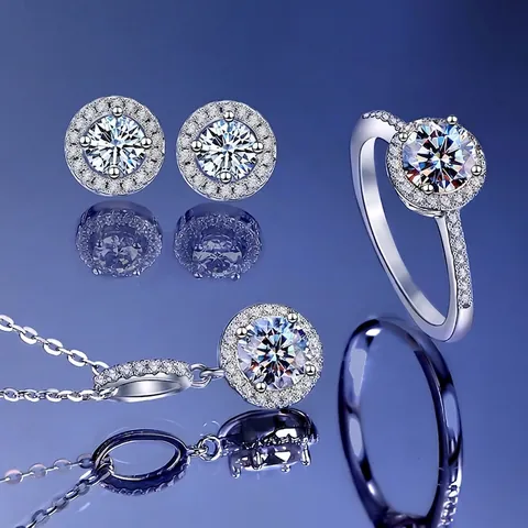 925 Sterling Silver Moissanite Zirconia Jewelry Set Round Halo Pendant Necklace Earrings Ring For Women Commuter Accessory