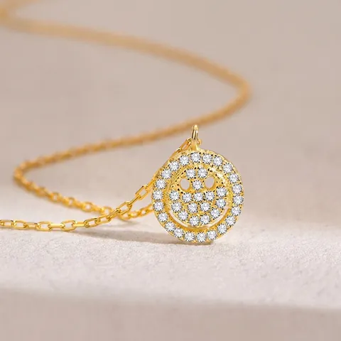 Collar con Colgante de Cara Sonriente de Plata de Ley 925 Diamante de Imitación Micro-Incrustado Cadena para Mujer Joyería