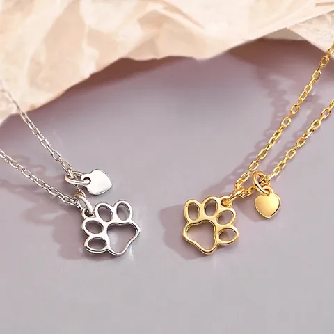 925 Sterling Silver Cat Paw Pendant Necklace For Women Cute Hollow Animal Footprint Heart Double Pendant Necklace Jewelry