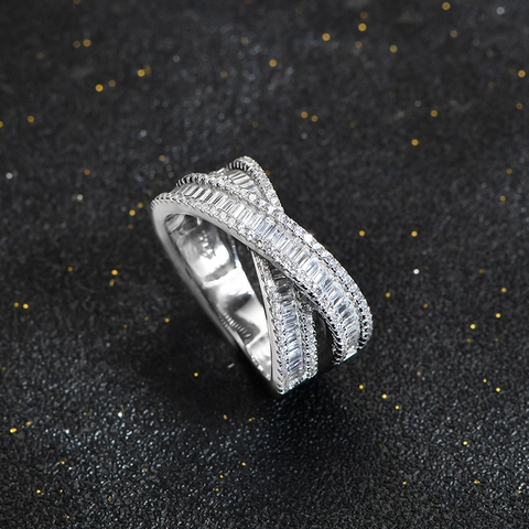 Double Layer Cross S925 Sterling Silver Ring Full Rhinestone Inlaid Geometric Fashion Finger Ring For Women Party Jewelry