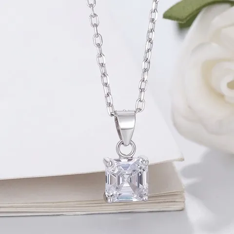 925 Sterling Silver Square Rhinestone Pendant Necklace For Women Elegant Geometric Clavicle Chain Jewelry Accessory Daily Gift
