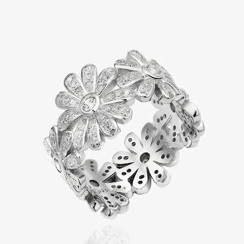 Anillo de Flor Margarita de Plata de Ley S925 Con Pavé de Circonia para Mujer Elegante Anillo de Dedo Botánico Joyería de Moda
