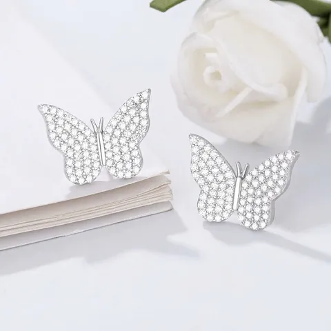 Pendientes de Botón de Mariposa de Plata de Ley 925 con Diamantes de Imitación Brillantes Micro Incrustados Joyería de Moda