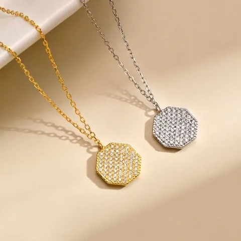 925 Sterlingsilber Achteck Anhänger Halskette Mikro-Eingelegte Zirkonia Gold Silber Überzogene Geometrische Schlüsselbeinkette Damen Schmuck