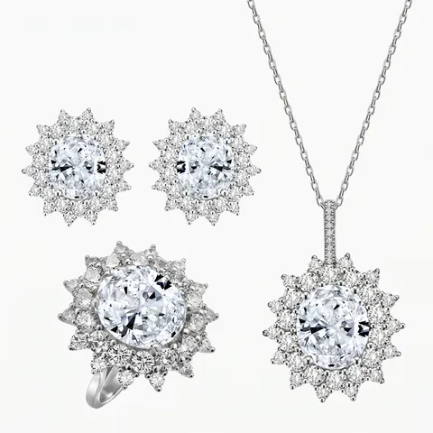 925 Sterling Silver Sunflower Necklace Earrings Ring Jewelry For Women Luxury Oval Rhinestone Bridal Wedding Accessories